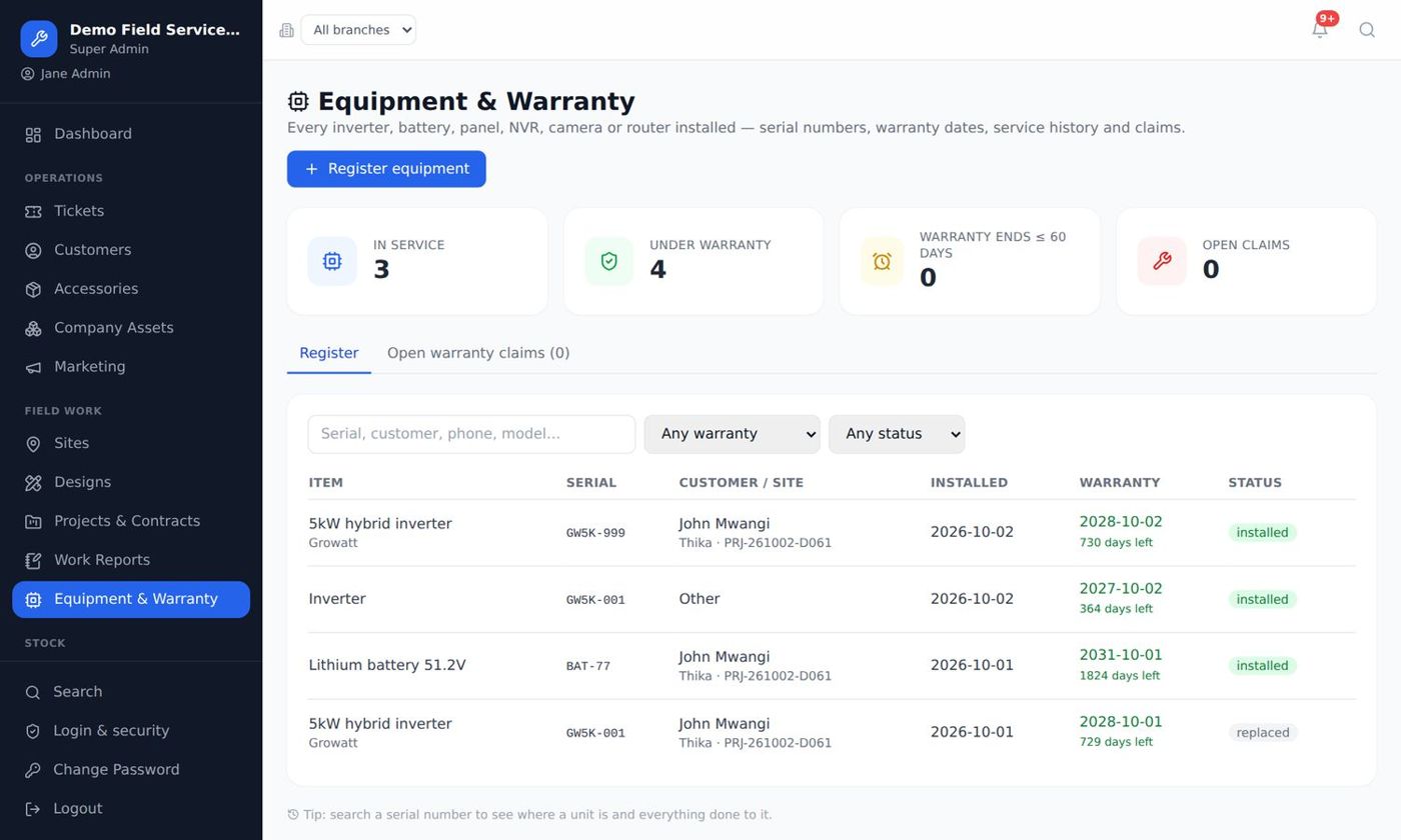 Equipment and warranty register