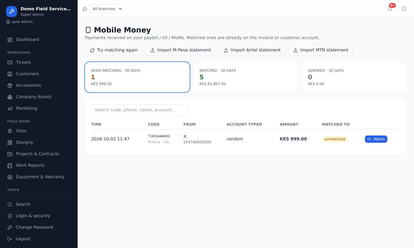 Mobile money payments matched to invoices