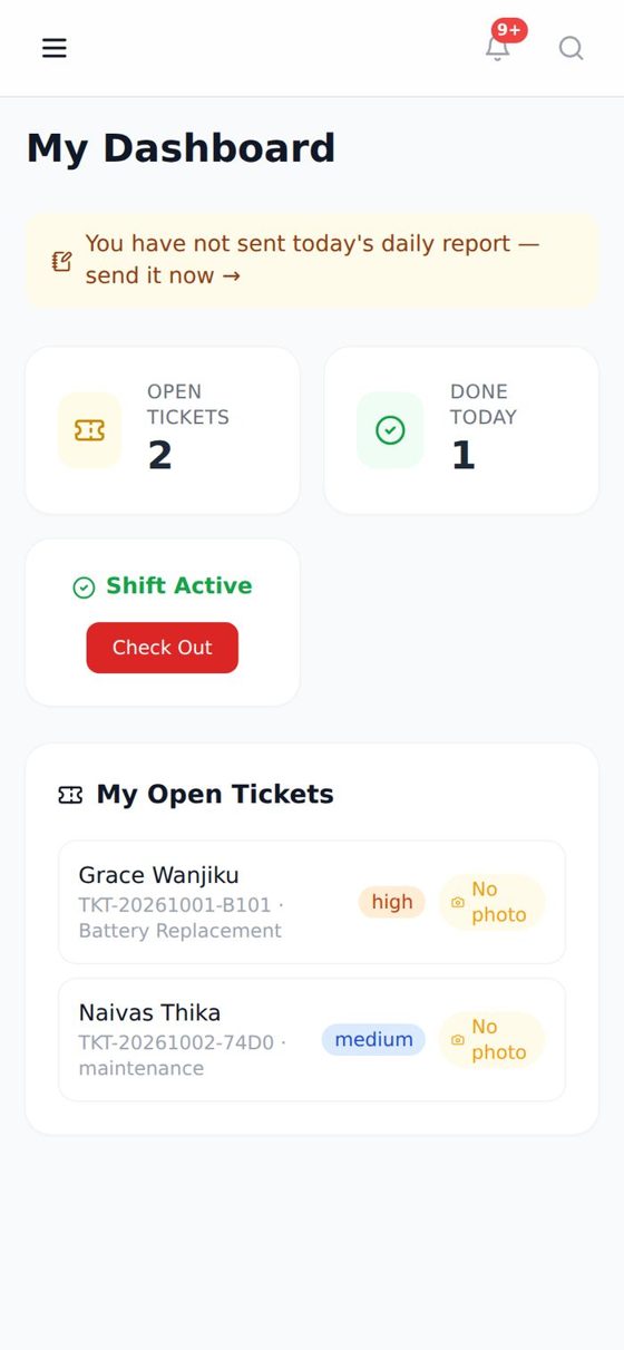 Technician dashboard on a phone