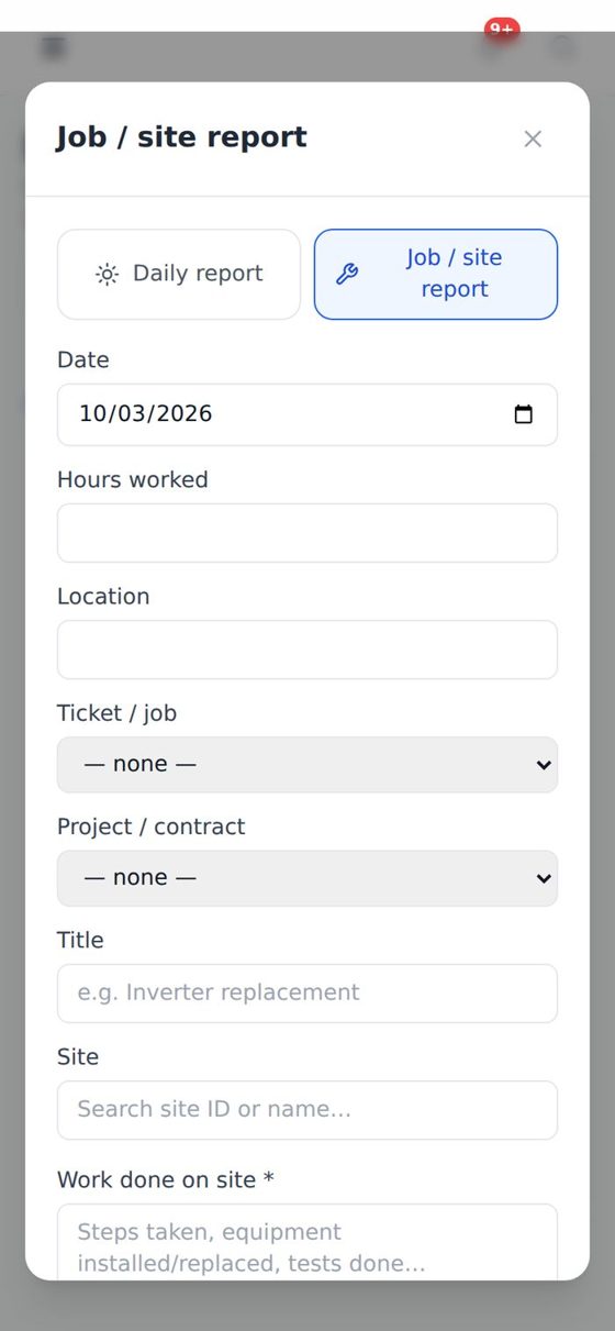 Technician job report on a phone