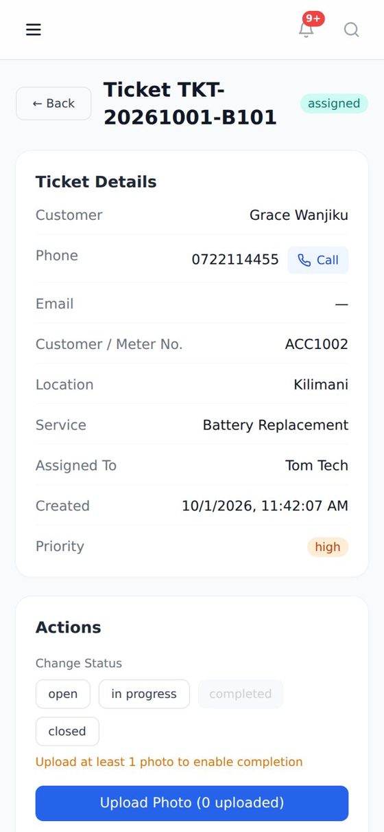 Technician app on a phone showing a job