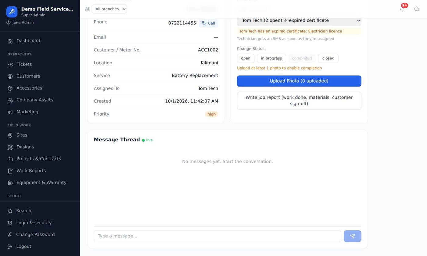 Ticket detail with history, materials and payments